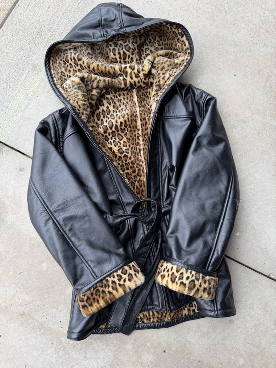 Jackets & Blazers - Black Faux Leather Jacket with Leopard Print Lining